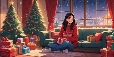 The primary subject of the image is a woman sitting on a couch, holding a present. The setting is a cozy living room with a Christmas tree in the background. The visual style is a digital art or illustration, creating a warm and festive atmosphere. The colors are predominantly red and green, representing the holiday season.
